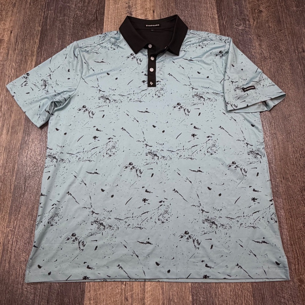Byrdgang Mens XL Performance Polo Shirt Light Blue Black Paint Splatter Stretch